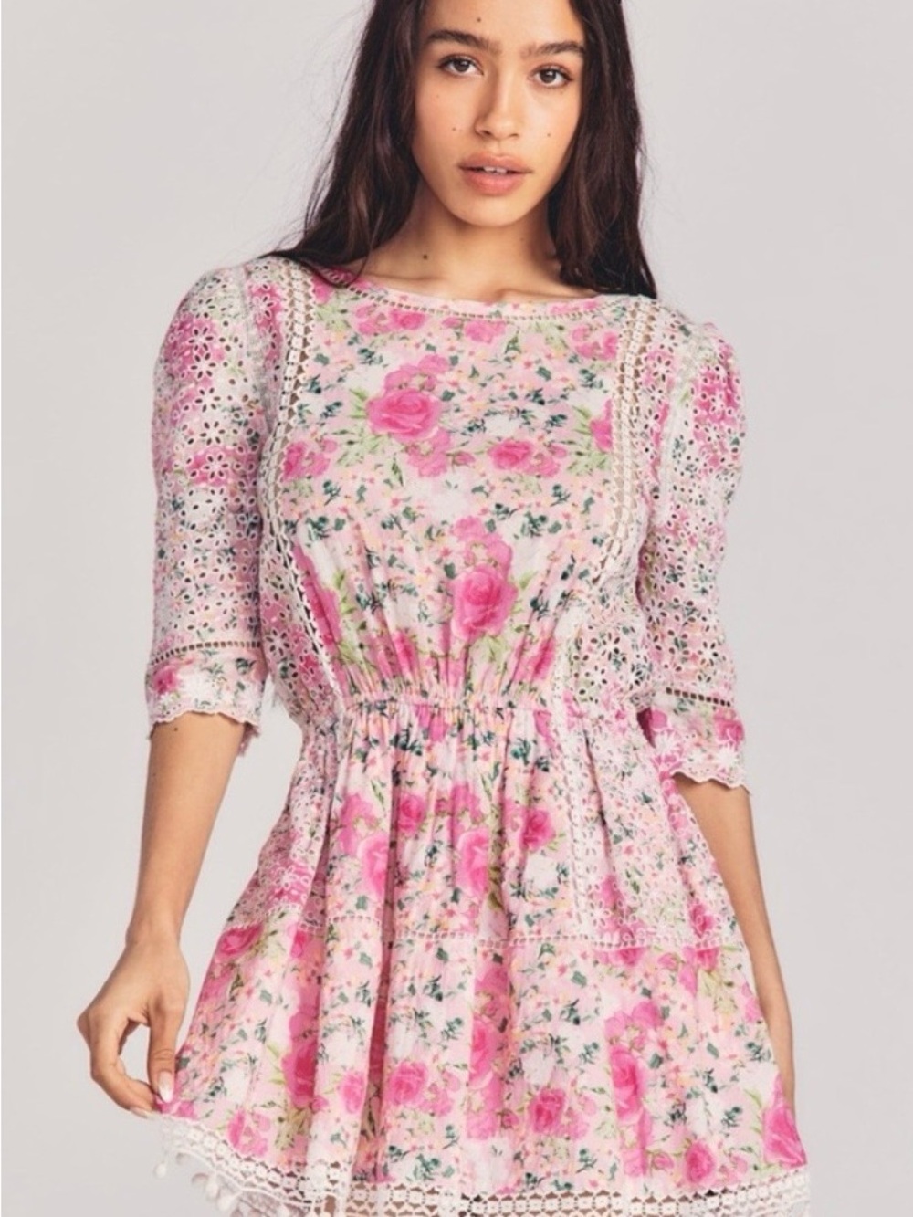 LoveShackFancy Pink Rose-Print Lace Mini Dress